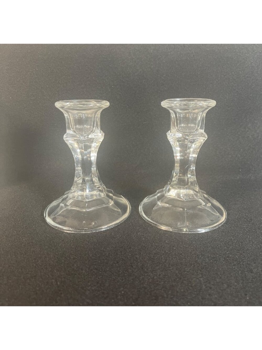 Glass Candlestick Holders Clear Hexagonal Base Pair Vintage Crissa Decor